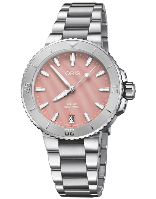 Oris Oris Aquis Date 01 733 7770 4158-07 8 18 05P  01 733 7770 4158-07 8 18 05P механические женские часы розовый циферблат, браслет нержавеющая сталь — вид спереди